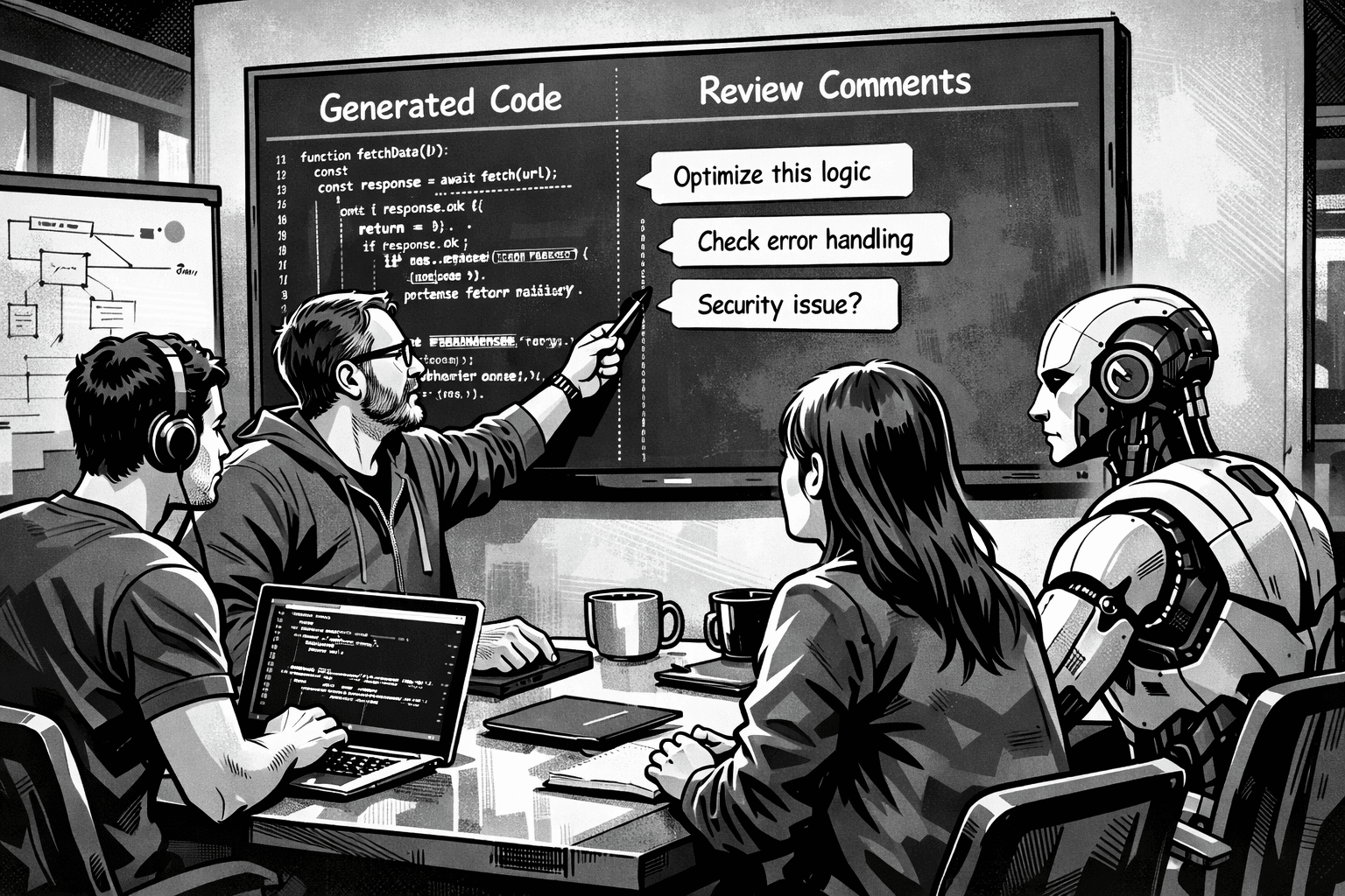 Teammeeting in modernem Büro mit Code-Review auf großem Bildschirm ein Roboter sitzt mit am Tisch