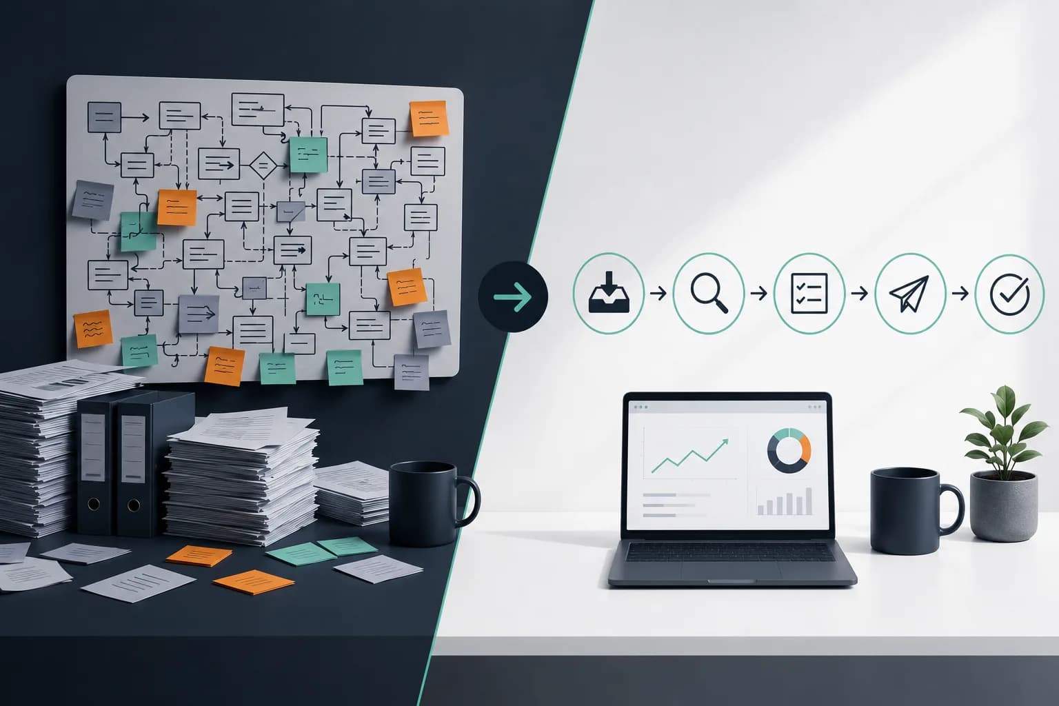 Ein aufgeräumter, reduzierter Arbeitsablauf neben einem überladenen Diagramm – Sinnbild für eine schlanke gegenüber einer aufgeblähten Prozesslösung