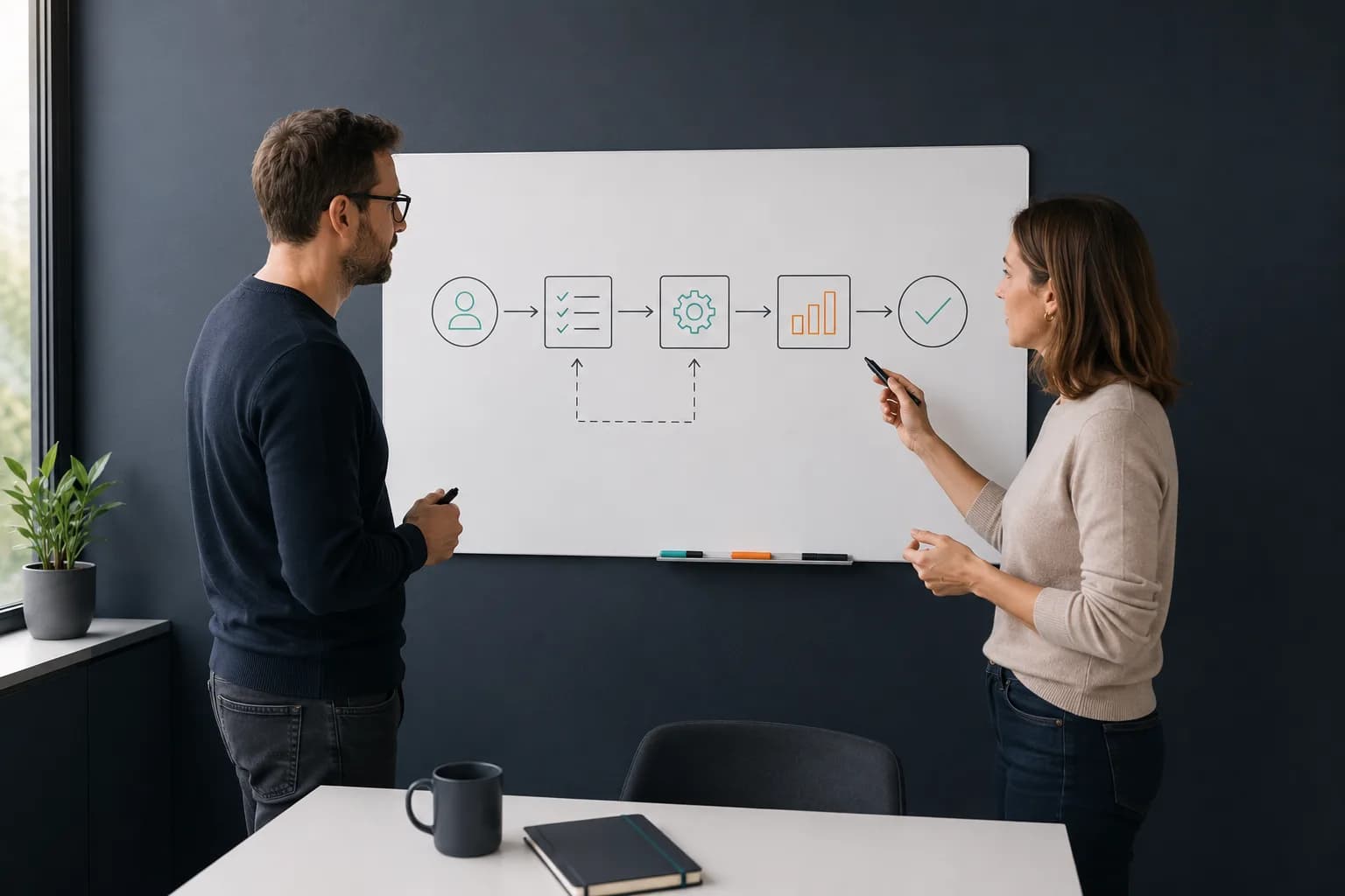Zwei Personen an einem Tisch, die gemeinsam über einer Skizze eines Geschäftsprozesses arbeiten – Sinnbild für die enge Partnerschaft bei Individualsoftware