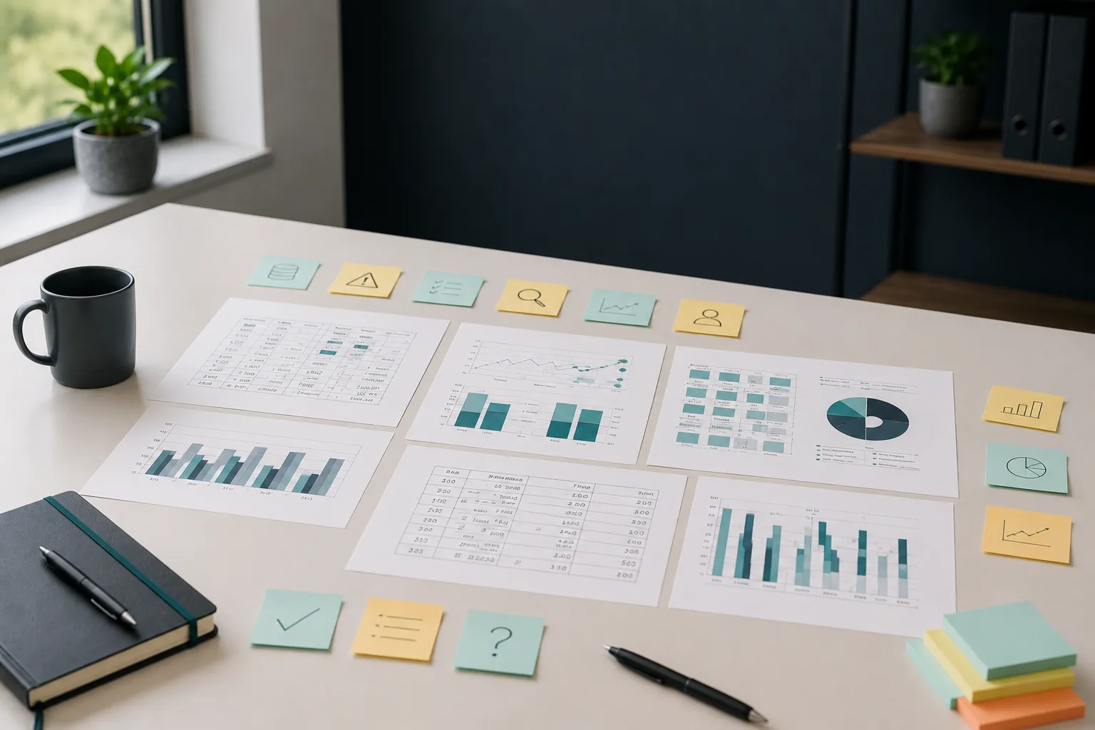 Ein Tisch mit Datentabellen und Post-its – Sinnbild für den Blick in die eigenen Daten vor einem Optimierungsprojekt