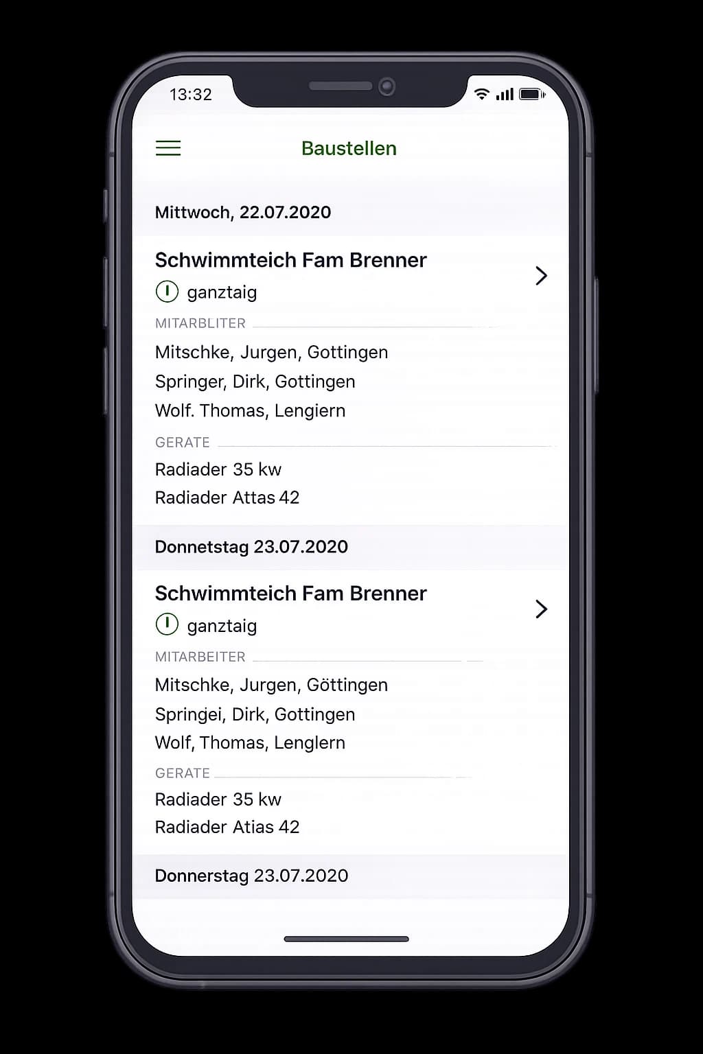 DATAflor App — Baustellen-Übersicht mit Mitarbeitern und Geräten