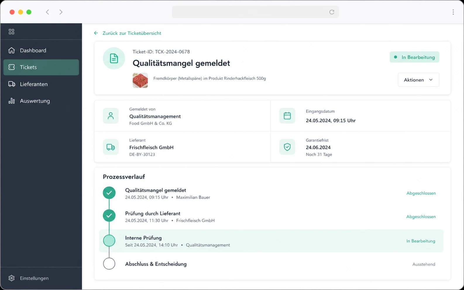 Ticket-Detailansicht mit Prozessverlauf
