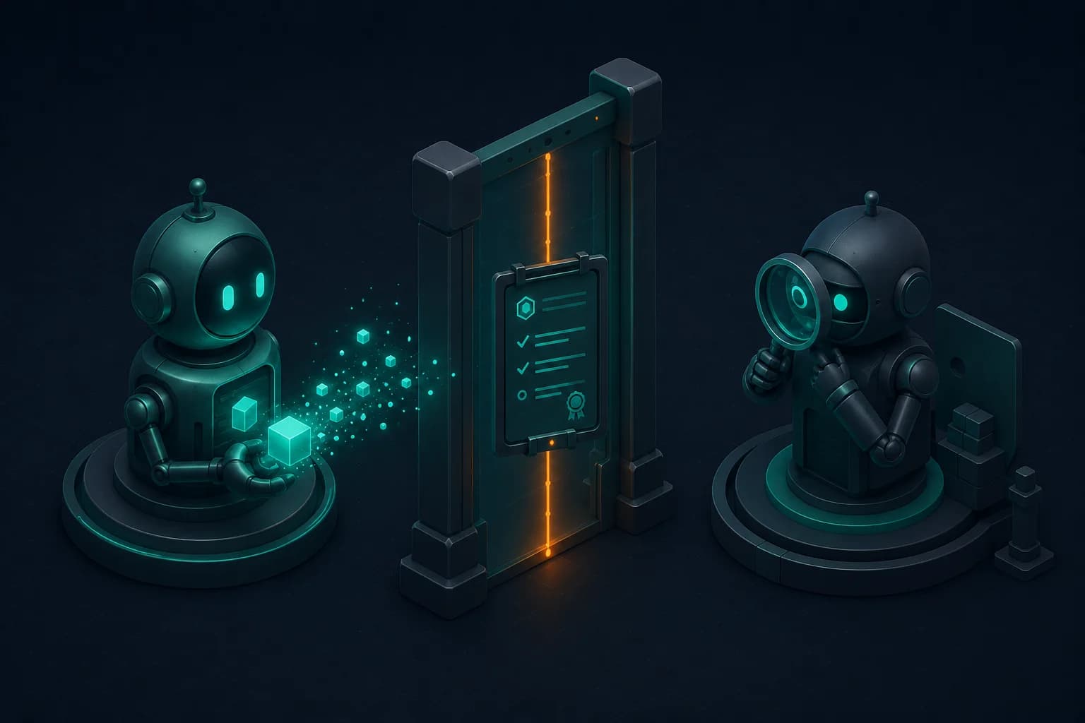 Verifizierung & Kontrolle: warum Agenten ihre eigenen Hausaufgaben nicht benoten können Eine Illustration eines Generator-Agenten und eines skeptischen Evaluator-Agenten, die sich über ein Phase Gate gegenüberstehen, mit einem Sprint Contract dazwischen