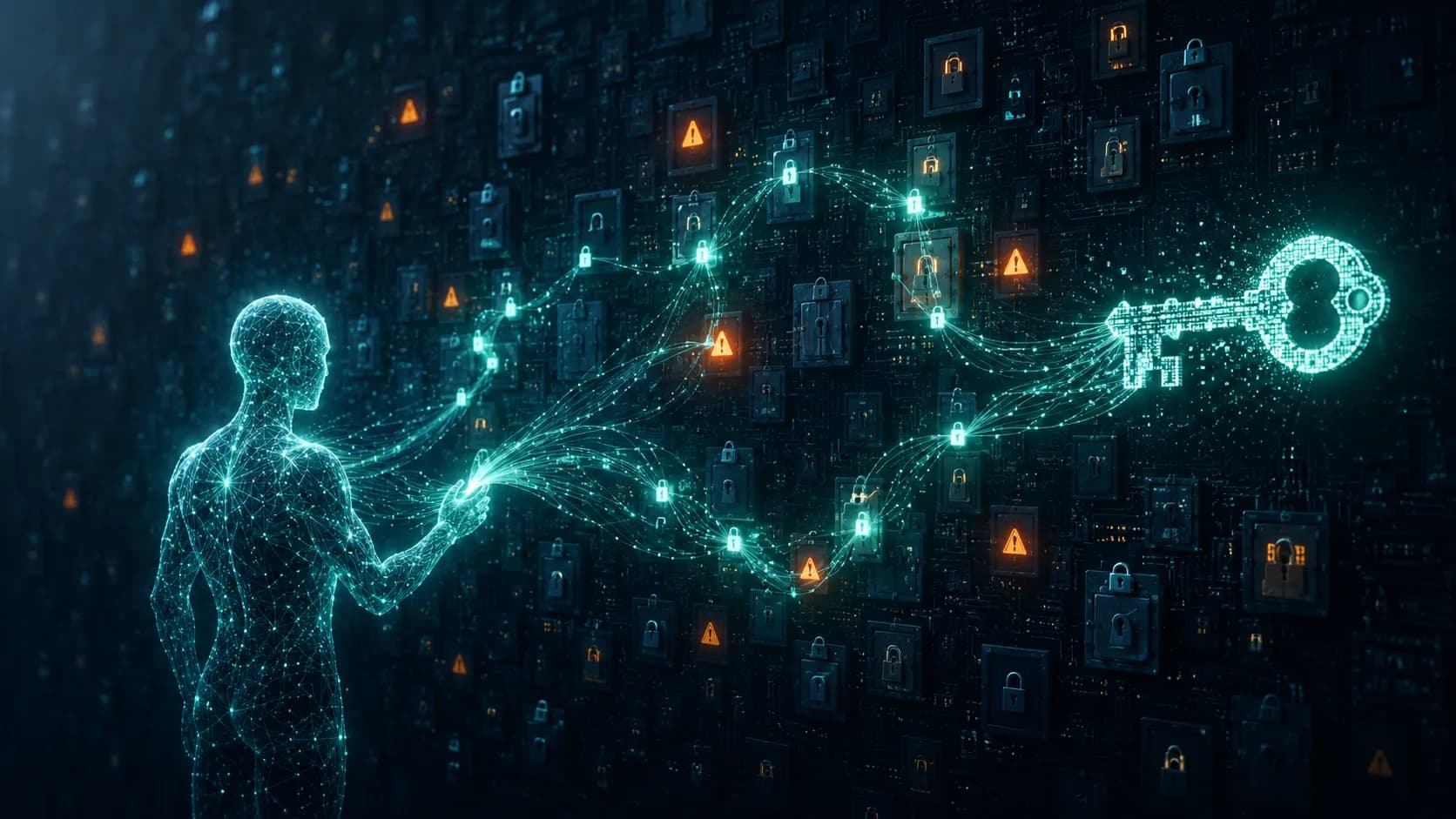 Eine aus leuchtenden neuronalen Netzlinien gewobene KI-Figur verkettet Tausende einzelner Sicherheitslücken-Schlösser zu einem einzigen leuchtenden Exploit-Pfad, der in einem Generalschlüssel zusammenläuft