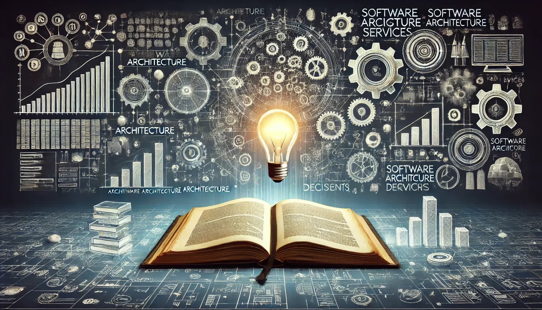 Architecture Decision Records Aufgeschlagenes Buch mit leuchtender Glühbirne, umgeben von Softwarearchitektur-Diagrammen, Zahnrädern und Grafiken