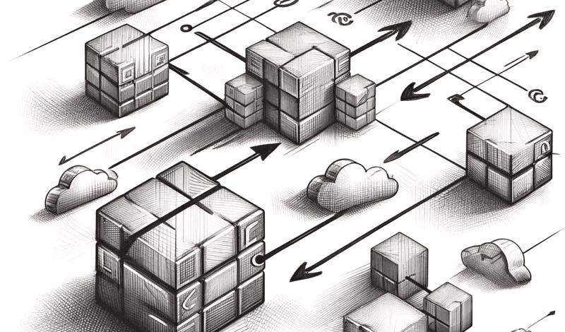HTTPClients in ASP.NET Core – DelegatingHandlers vs. PrimaryMessageHandlers Skizzenhafte Darstellung von Serverblöcken, die mit Pfeilen und Cloud-Elementen verbunden sind