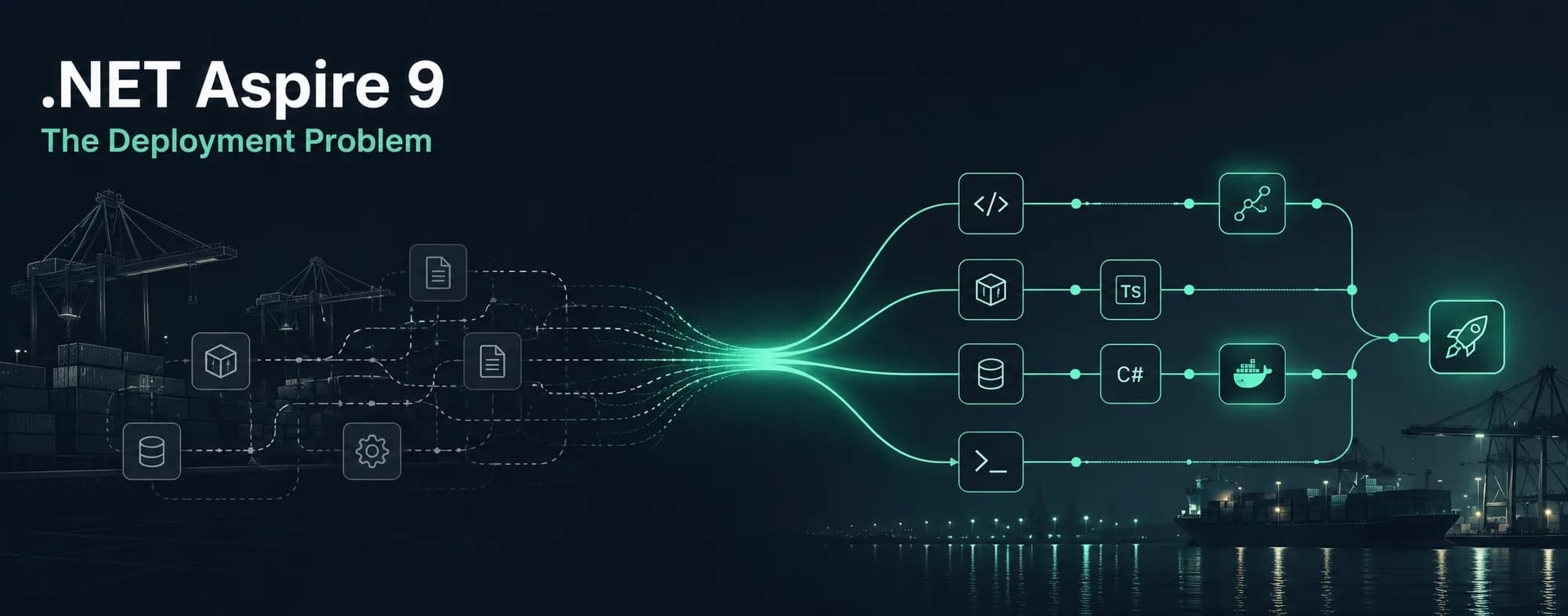 .NET Aspire 9 und das Deployment-Problem Containerhafen bei Nacht mit Kränen und Lichtspiegelungen im Wasser