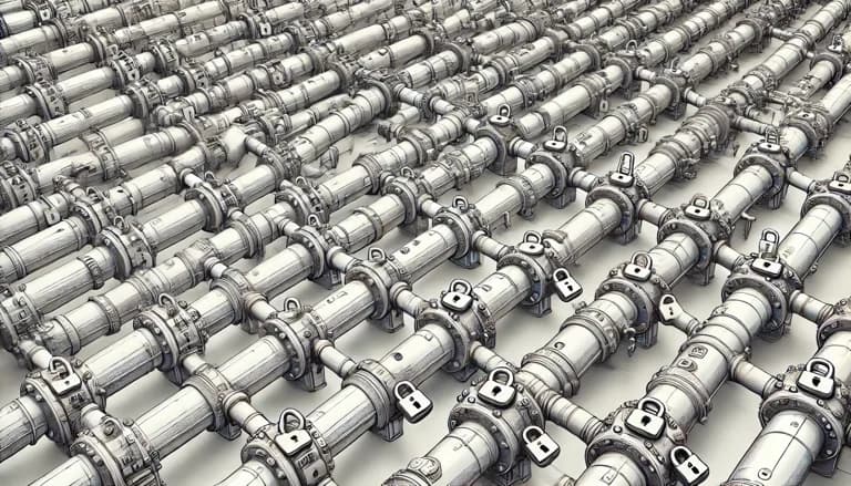 Absicherung von Azure DevOps Pipelines mit Approvals und Exclusive Locks Industrielle Pipeline-Rohre mit Schlössern und Sicherheitsmechanismen