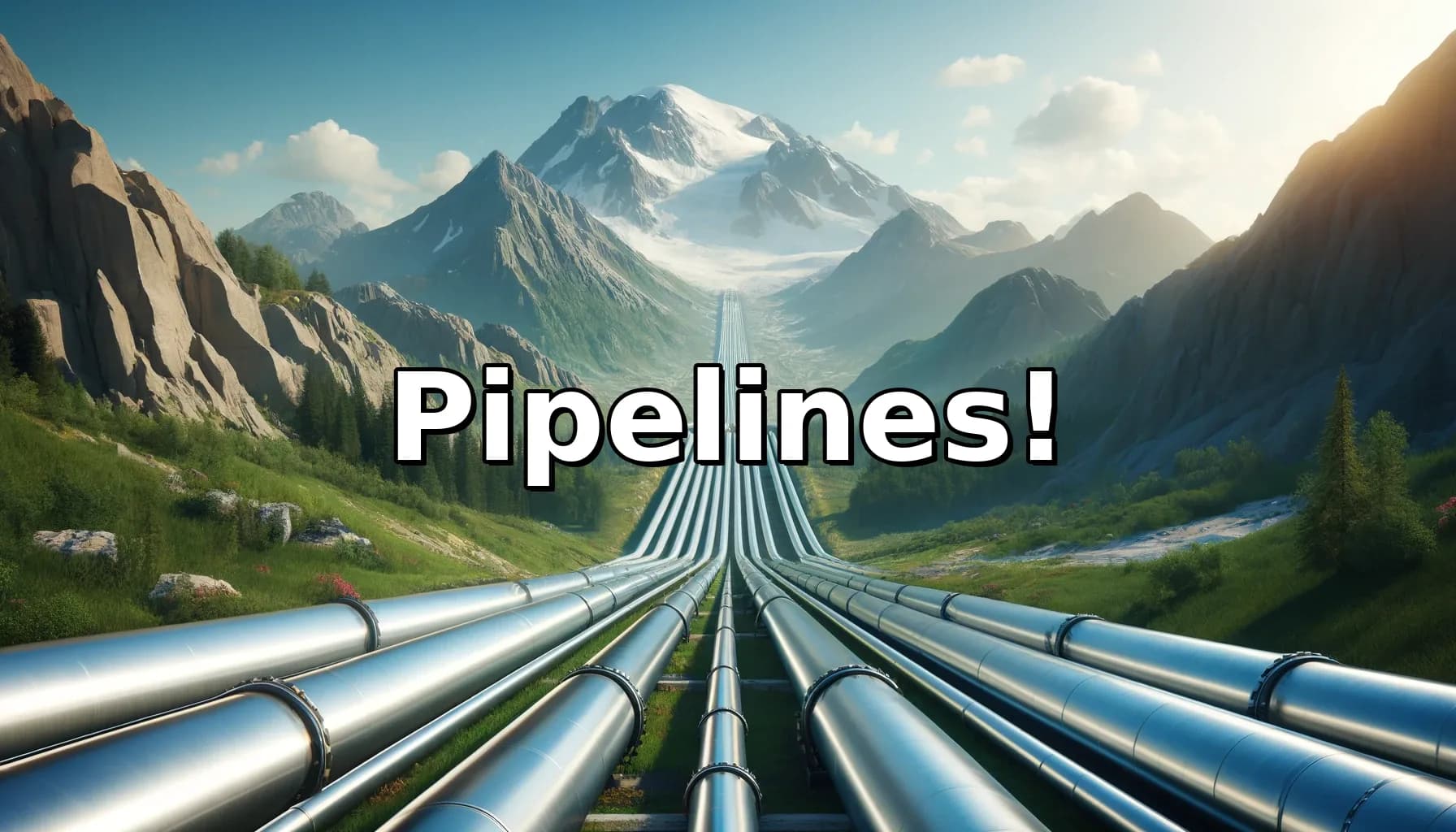 Continuous Deployment mit Azure DevOps Berglandschaft mit Pipelines, die durch ein Tal verlaufen