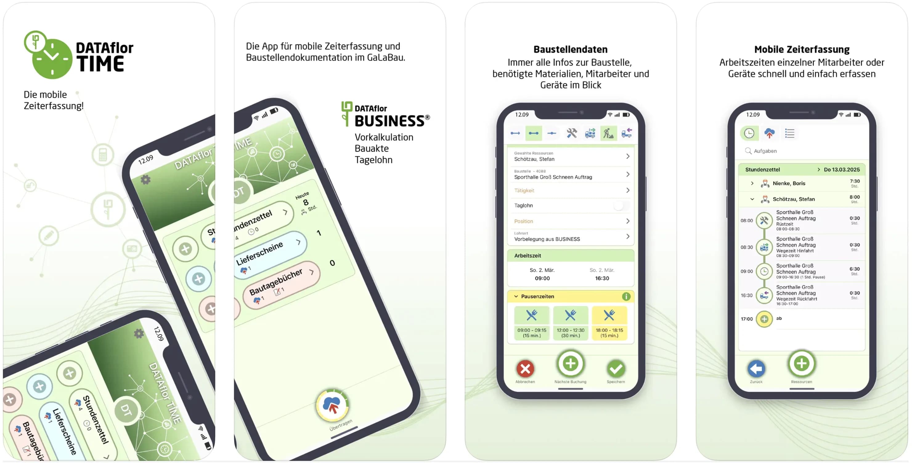 Case Study - Migration einer Xamarin.Forms App zu .NET MAUI bei DATAflor Screenshots der DATAflor TIME App für mobile Zeiterfassung und Baustellendokumentation