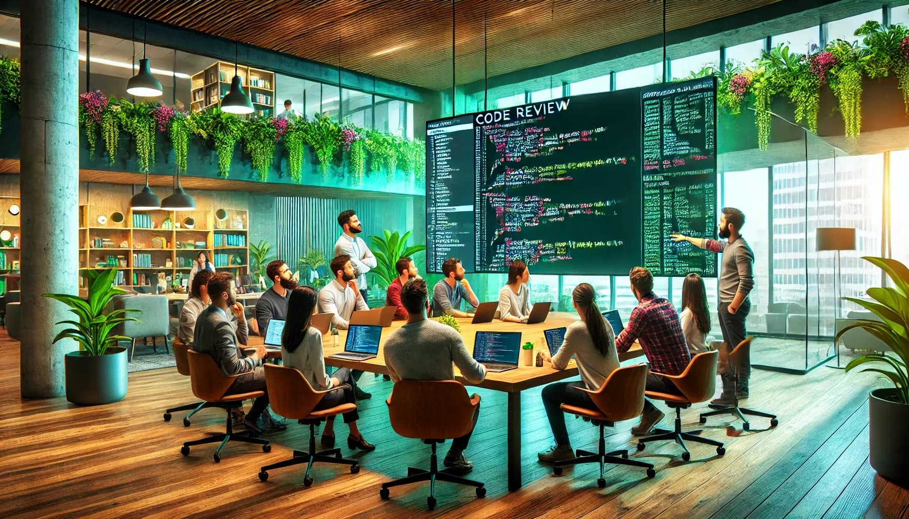 Wie du Code-Reviews effektiv durchführst Teammeeting in modernem Büro mit Code-Review auf großem Bildschirm