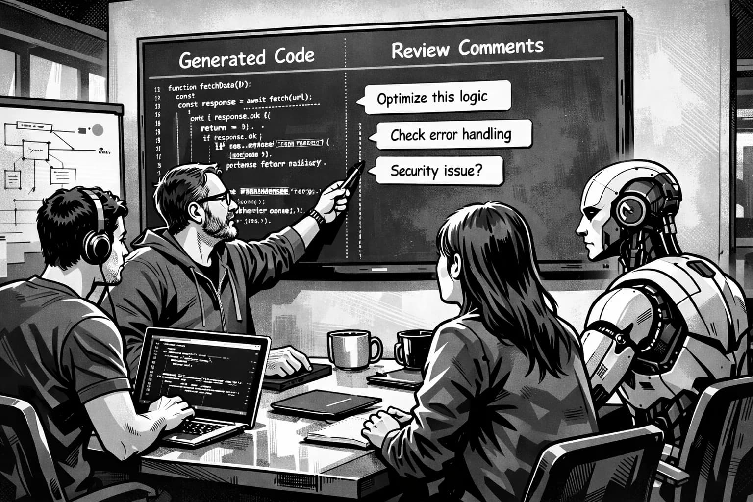 Code-Reviews im Zeitalter von Coding Agenten Teammeeting in modernem Büro mit Code-Review auf großem Bildschirm ein Roboter sitzt mit am Tisch