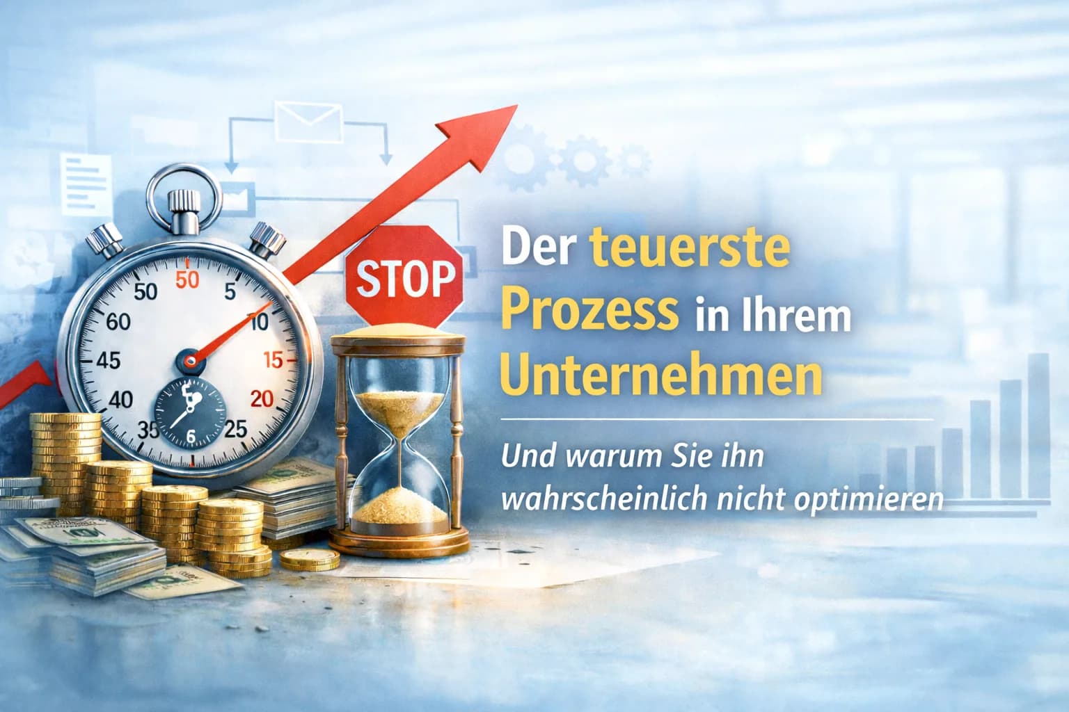 Der teuerste Prozess in deinem Unternehmen - und warum du ihn wahrscheinlich nicht optimierst Stoppuhr, Sanduhr, Münzen und Diagramme zum Thema Prozessoptimierung und Kostenreduktion
