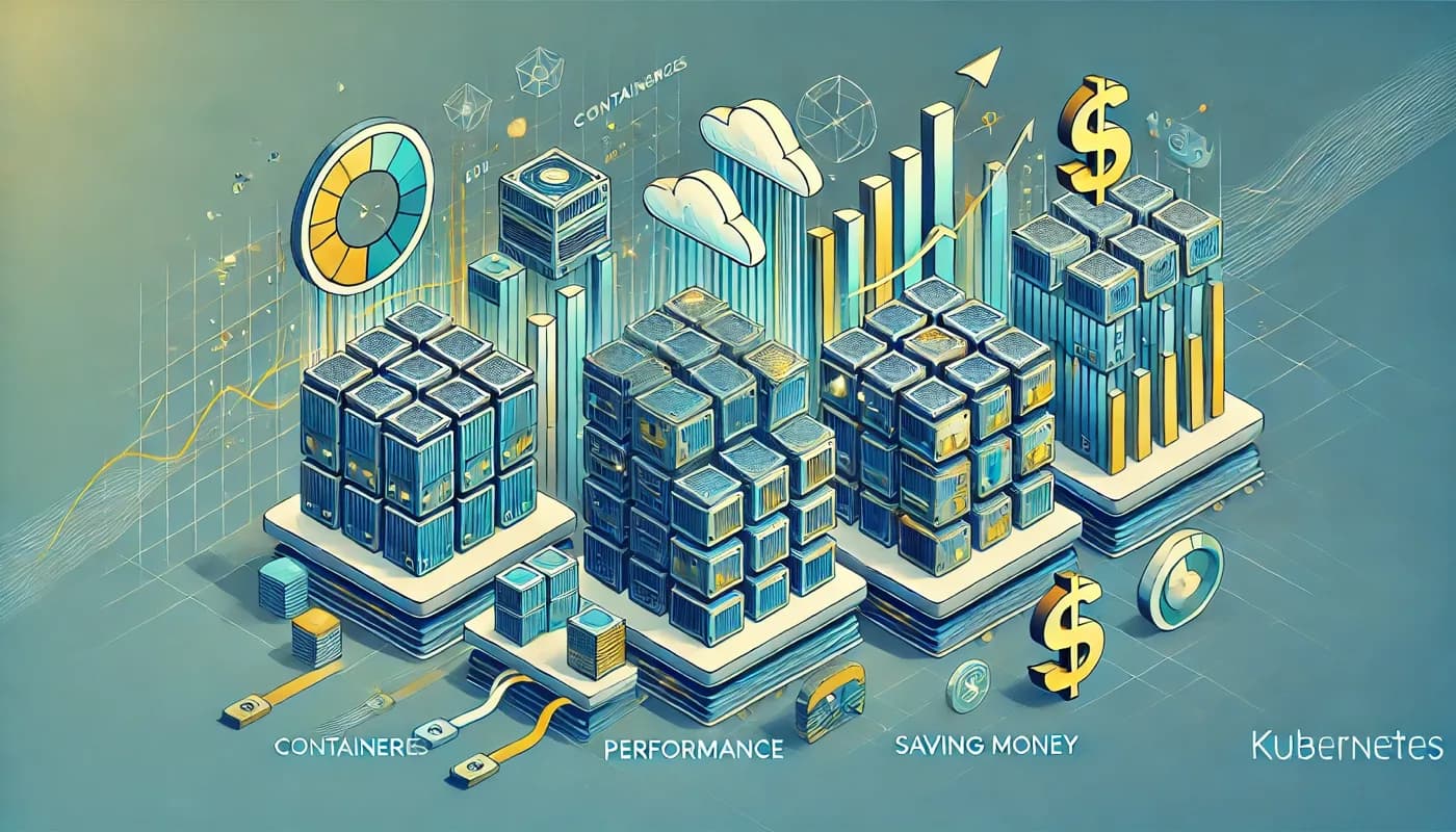 DATAS und Server Garbage Collection .NET 9 Isometrische Darstellung von Containern, Performance-Grafiken und Kubernetes mit Dollarzeichen für Kosteneinsparungen
