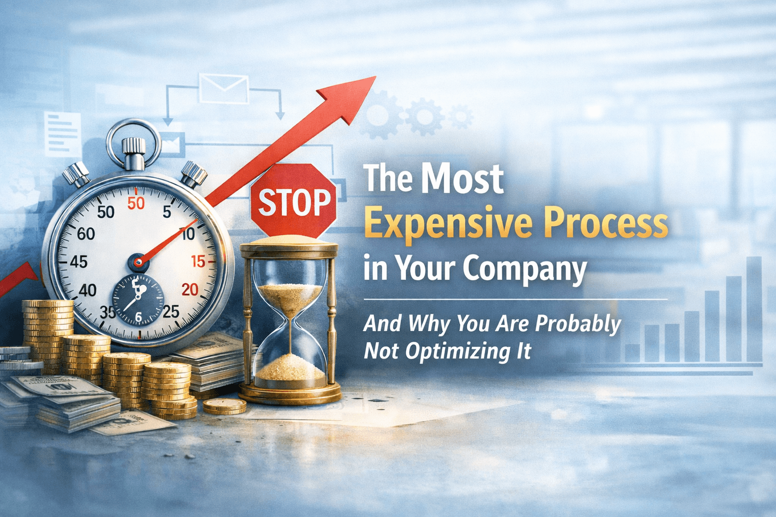 The Most Expensive Process in Your Company - And Why You're Probably Not Optimizing It Stopwatch, hourglass, coins and charts representing process optimization and cost reduction
