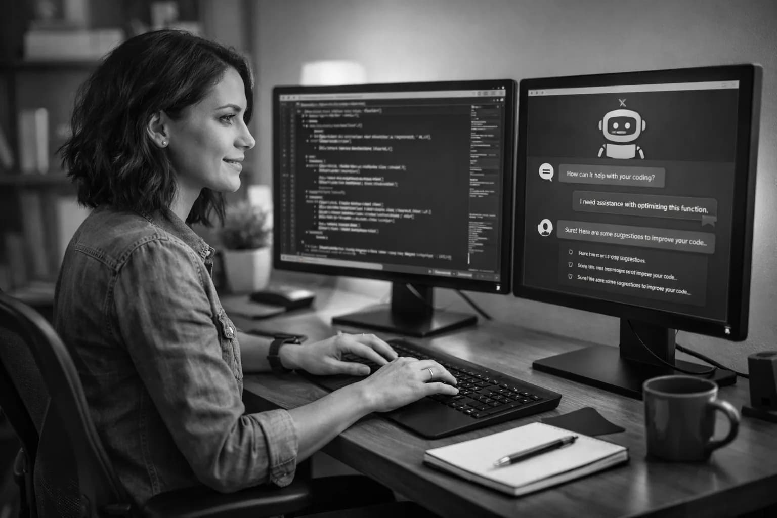 Vom Junior zum Senior im Zeitalter der KI: Der richtige Weg nach oben Entwickler*in arbeitet am Computer mit KI-Assistenten-Visualisierung