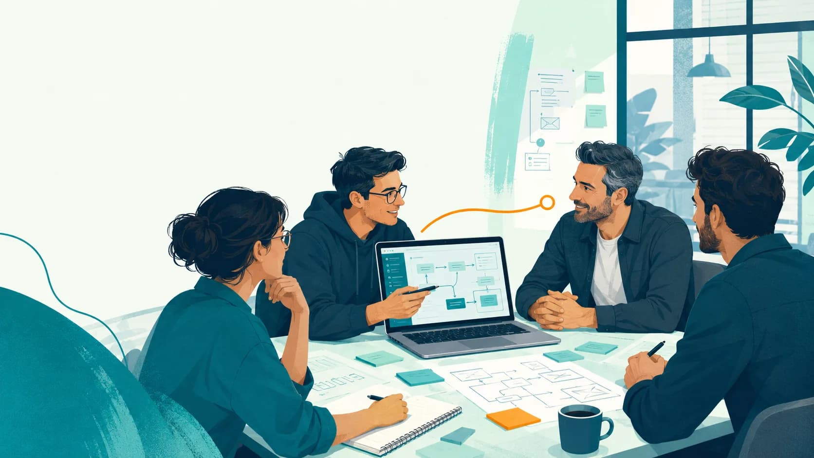 Kann eine KMU überhaupt Individualsoftware für den Mittelstand bauen? Fokussiertes Softwareteam und ein Mittelständler arbeiten gemeinsam an einem Tisch an einer individuellen Geschäftsanwendung
