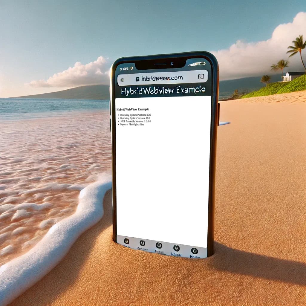 .NET MAUI 9 HybridWebView Smartphone am Strand mit HybridWebView-Beispiel-App