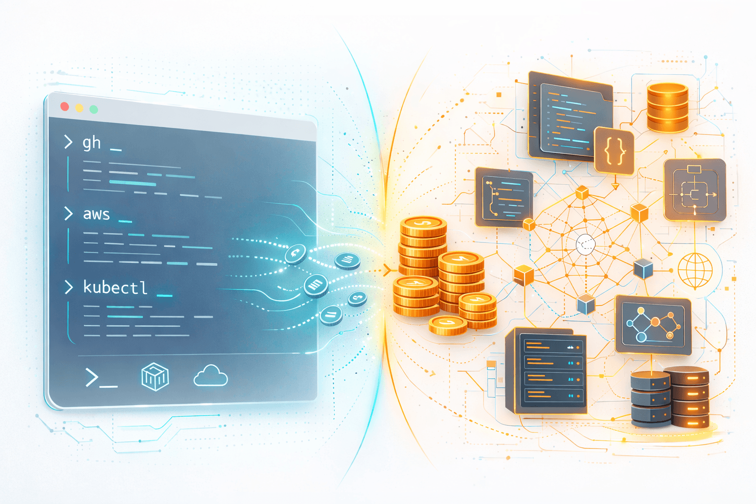 MCP vs. CLI-Tools – Was kostet wirklich weniger? Terminalfenster mit CLI-Befehlen neben MCP-Protokolldiagrammen