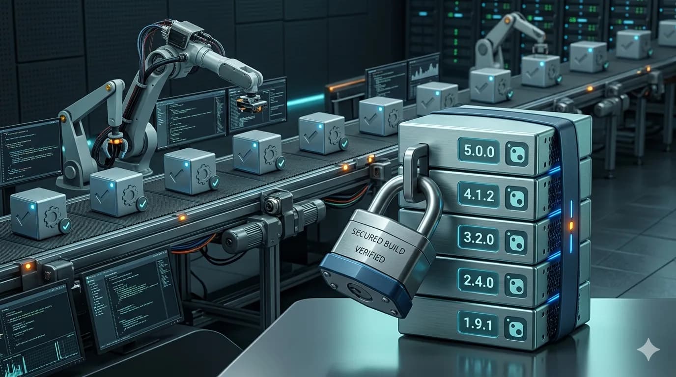 Ein Vorhängeschloss versiegelt einen Stapel versionierter NuGet-Pakete, im Hintergrund eine CI-Pipeline, die identische Builds erzeugt