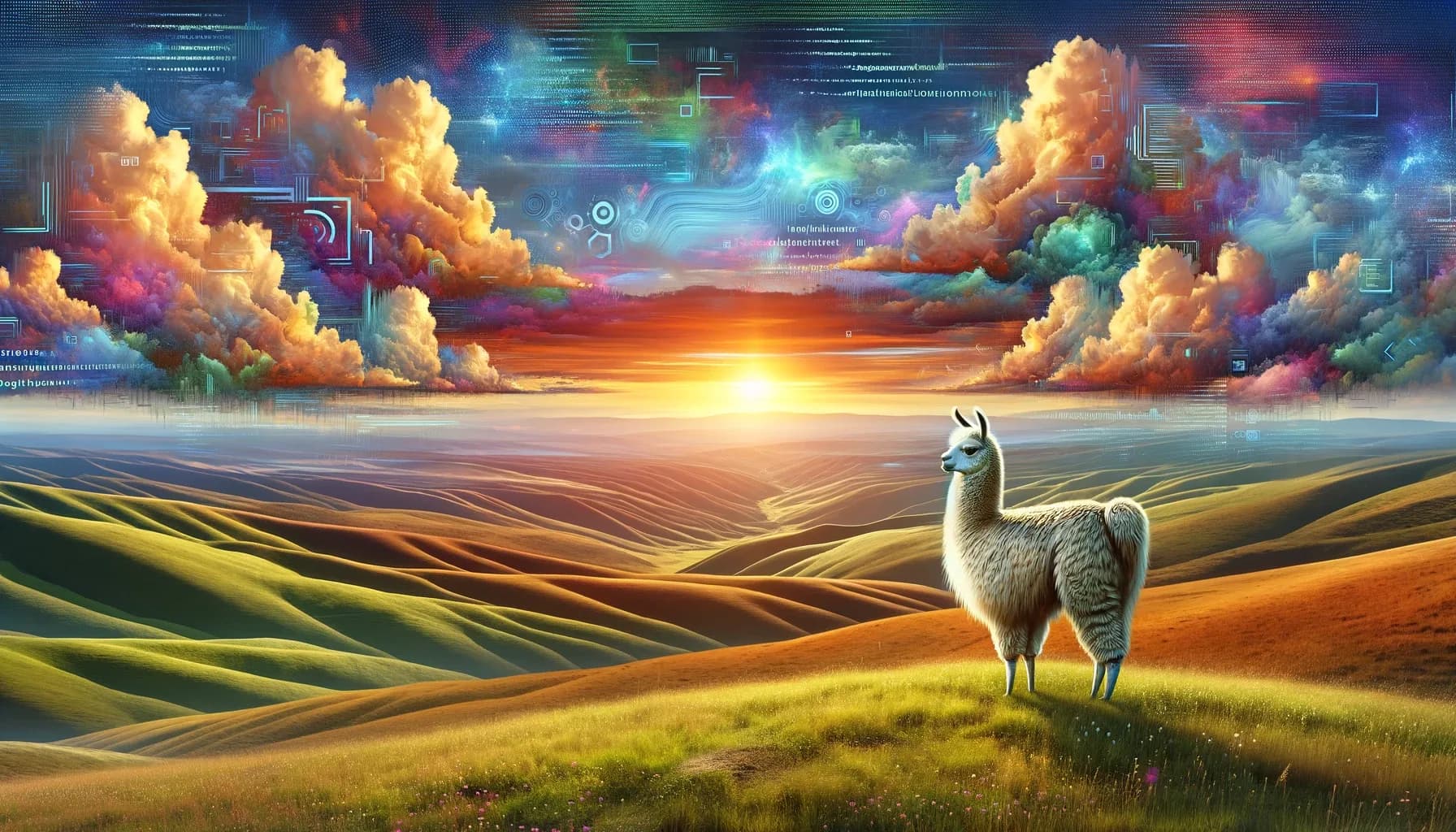 Generative KI-Anwendungen mit Phi-3 SML, C# Semantic Kernel und Ollama entwicklen Lama in farbenfroher Landschaft mit Sonnenuntergang und digitalen Elementen am Himmel