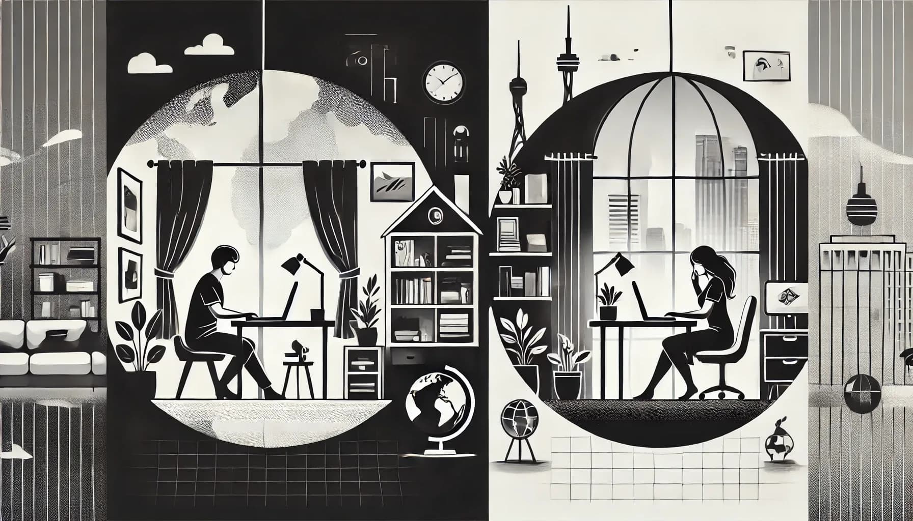 Über Remote Arbeit Geteilte Illustration von zwei Personen, die remote aus verschiedenen Homeoffices arbeiten