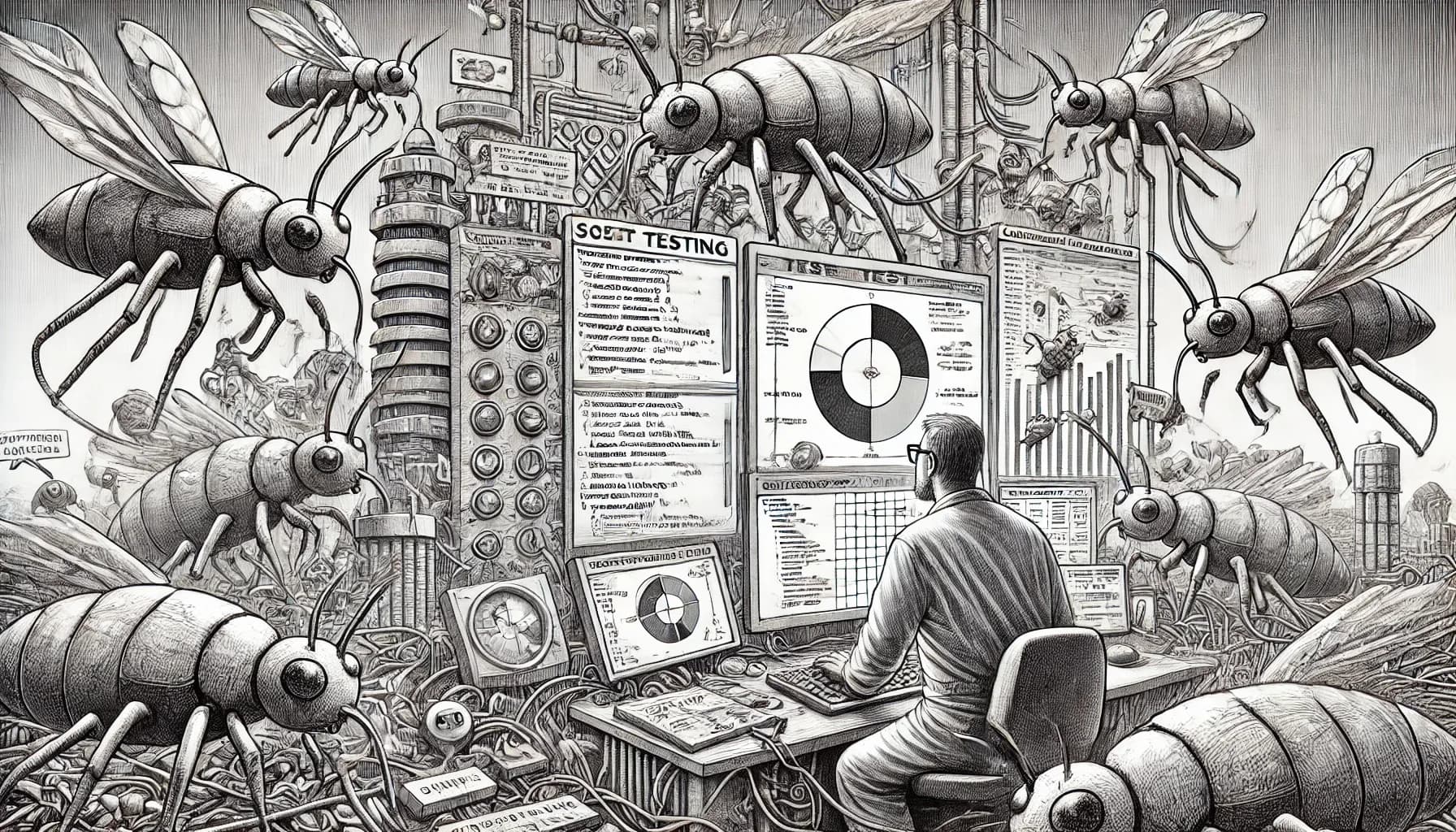 UI-Tests mit Playwright Entwickler umgeben von Käfer-Insekten beim Betrachten von Test-Dashboards