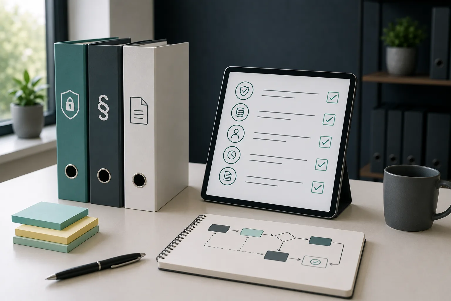 Rechtssicher von Anfang an: Prozesse, die Audit, DSGVO und GoBD standhalten Ordner und digitale Checkliste nebeneinander – Sinnbild für Compliance-by-Design in digitalisierten Prozessen