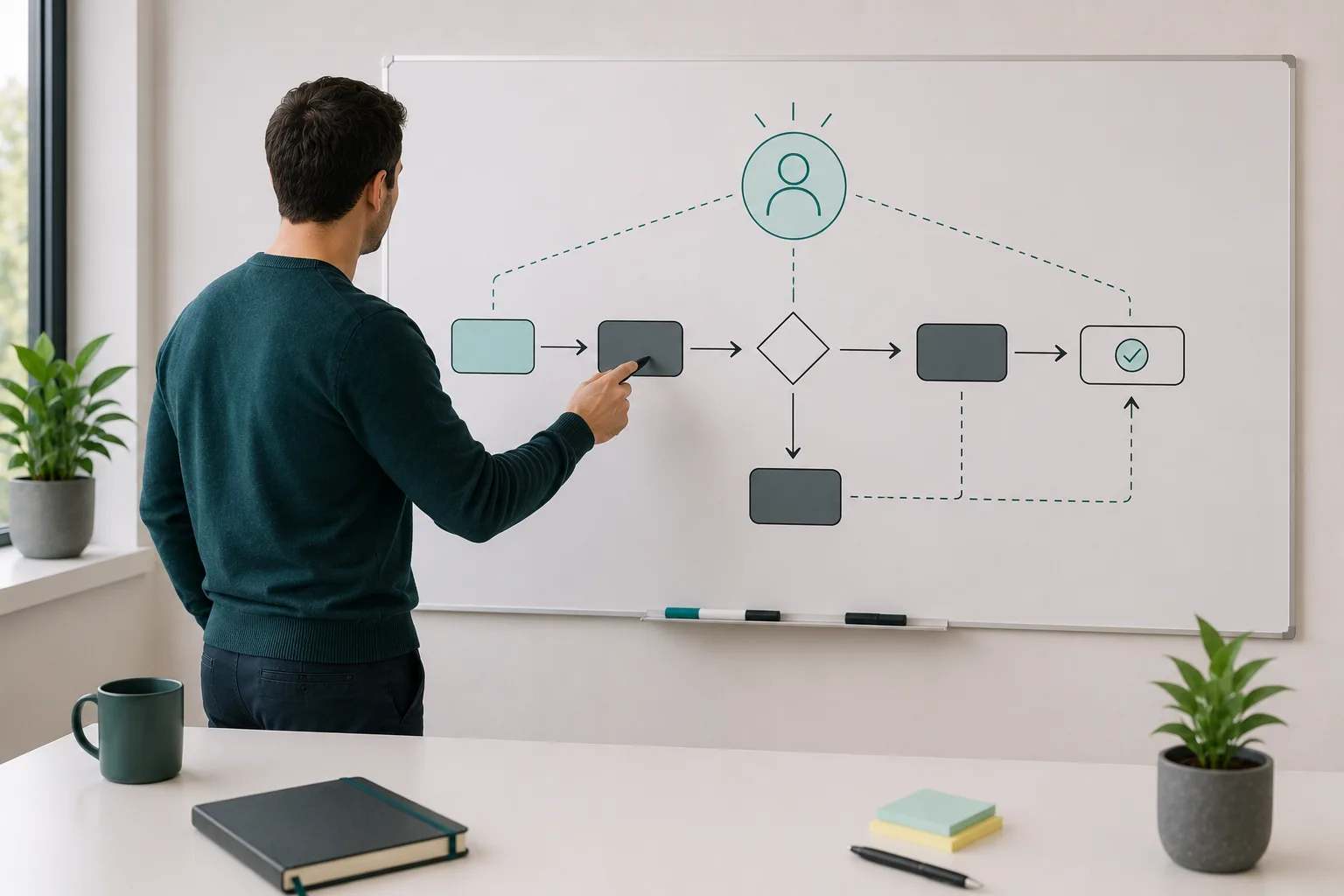 Wer besitzt diesen Prozess? Warum die Antwort über Erfolg oder Misserfolg entscheidet Eine Person steht vor einem Prozessdiagramm an einer Tafel – Sinnbild für Prozessverantwortung und klare Ownership
