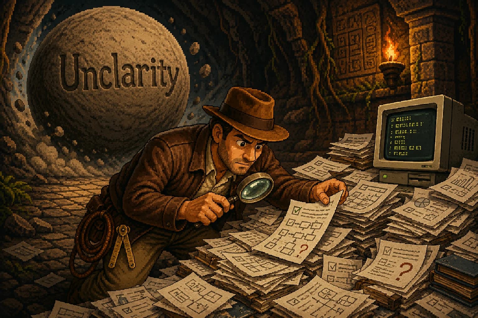 Pixel-Art-Szene – ein Forscher untersucht mit Lupe Anforderungsdokumente, während ein riesiger Stein mit der Aufschrift „Unclarity" im Hintergrund droht