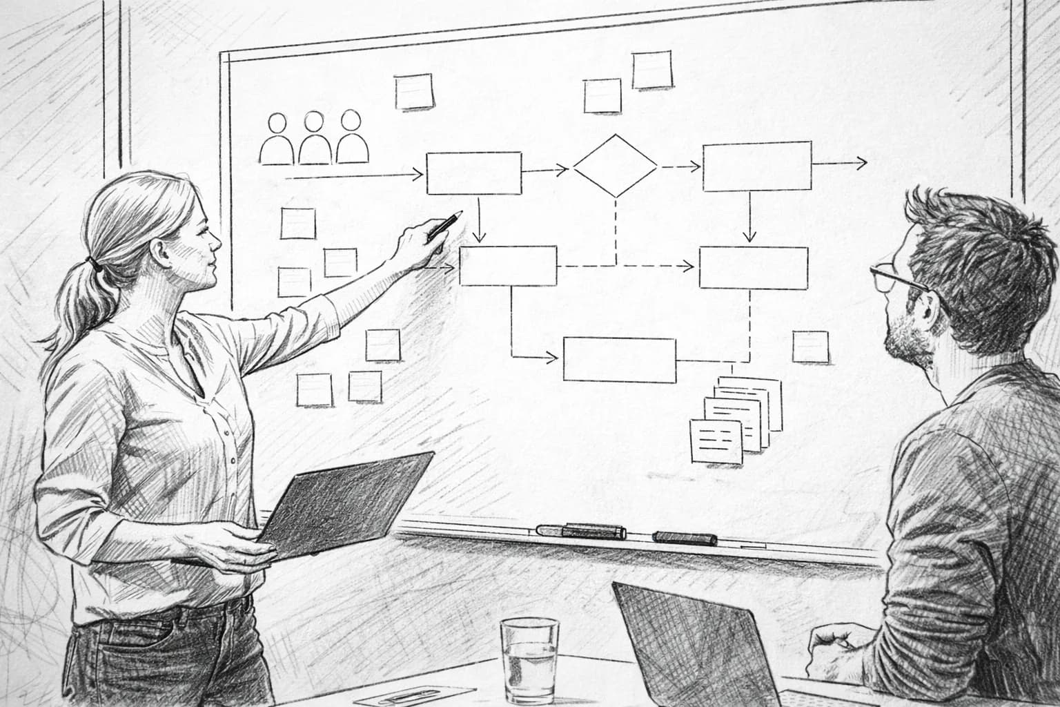 Requirements Engineering: Warum dein Projekt nicht an der Technik scheitert Zwei Softwareentwickler diskutieren einen Use Case an einem Whiteboard mit Prozessdiagrammen