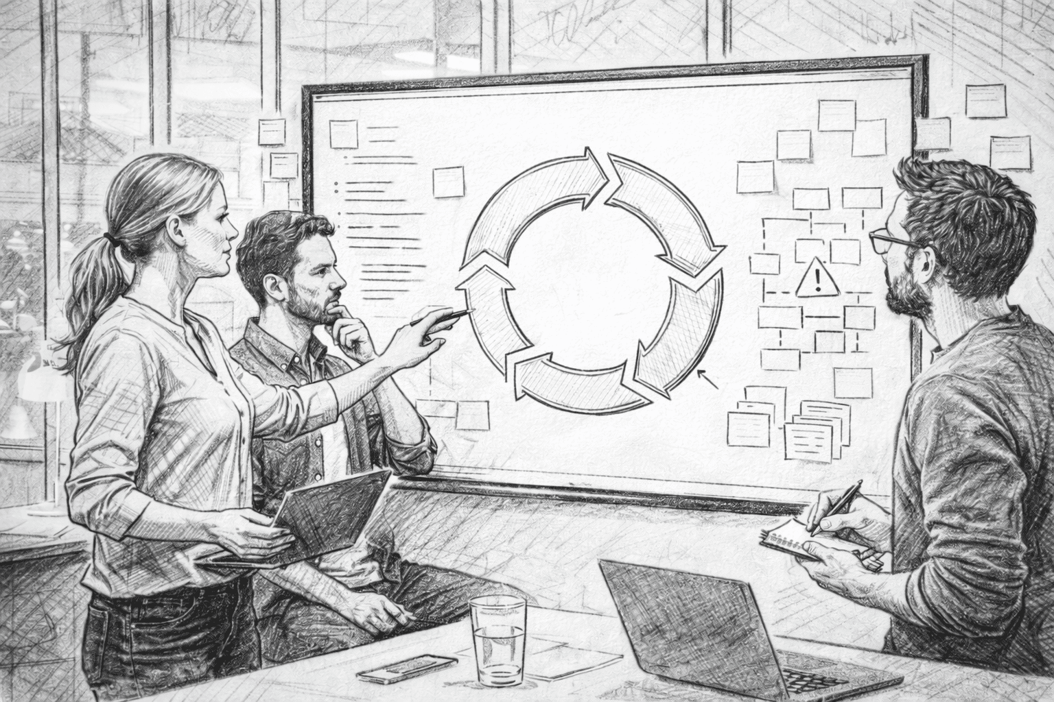 Der Requirements-Zyklus: Warum eine einmalige Spezifikation nicht funktioniert Team diskutiert Softwareanforderungen und Architekturdiagramme auf einem großen Bildschirm