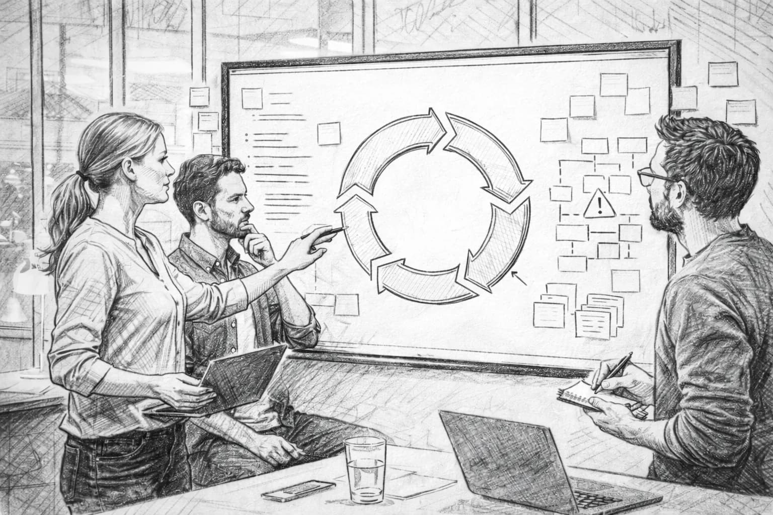 Der Requirements-Zyklus: Warum eine einmalige Spezifikation nicht funktioniert Team diskutiert Softwareanforderungen und Architekturdiagramme auf einem großen Bildschirm
