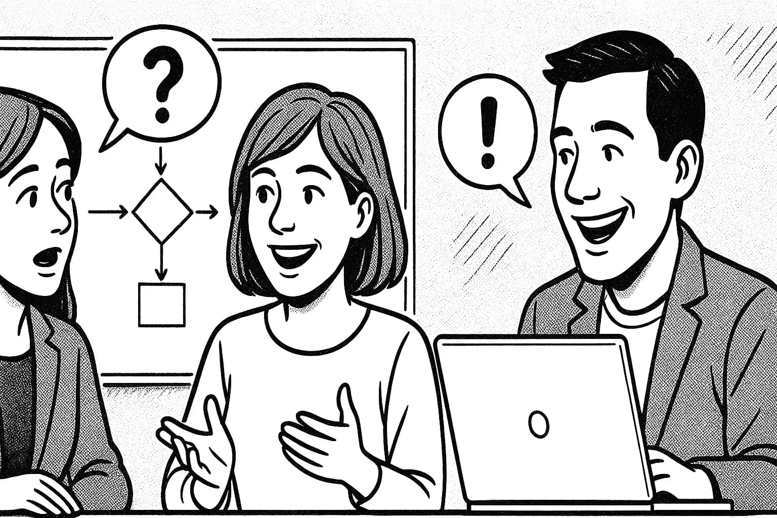 „In welcher Branche seid ihr Experten?“ – In keiner, und genau das ist unsere Stärke! Drei Personen in einer Diskussion mit Flussdiagramm auf Whiteboard und Laptop