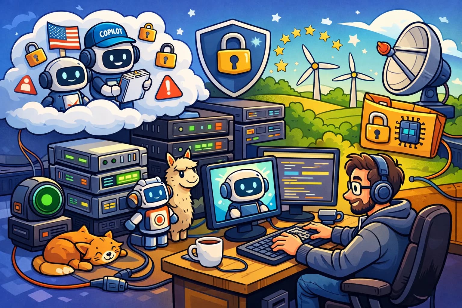 Self-Hosted KI-Coding-Agenten - Datenschutz und lokale Alternativen Entwickler arbeitet mit KI-Coding-Assistent auf lokaler Infrastruktur